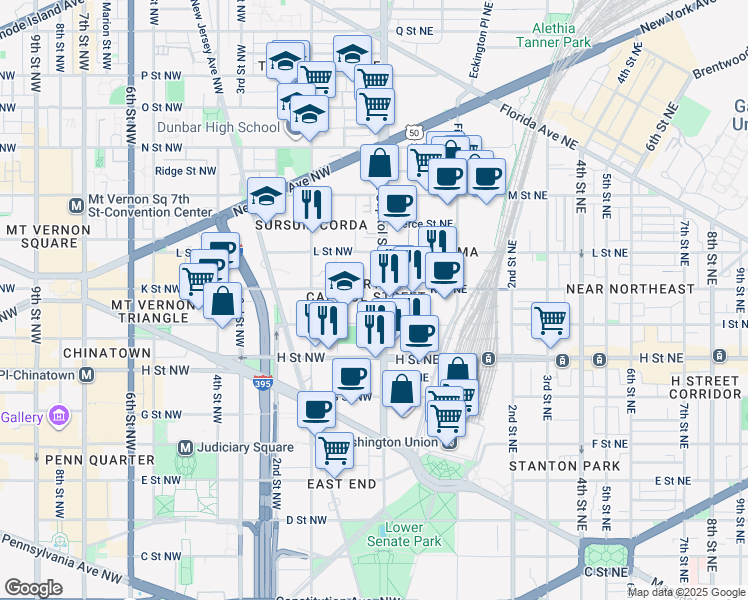 map of restaurants, bars, coffee shops, grocery stores, and more near 19 I Street Northwest in Washington