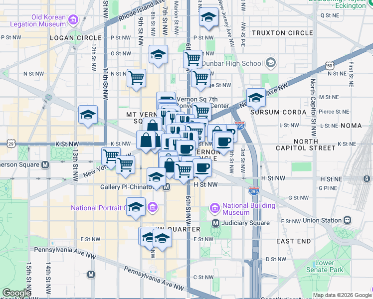 map of restaurants, bars, coffee shops, grocery stores, and more near 601 Massachusetts Avenue Northwest in Washington