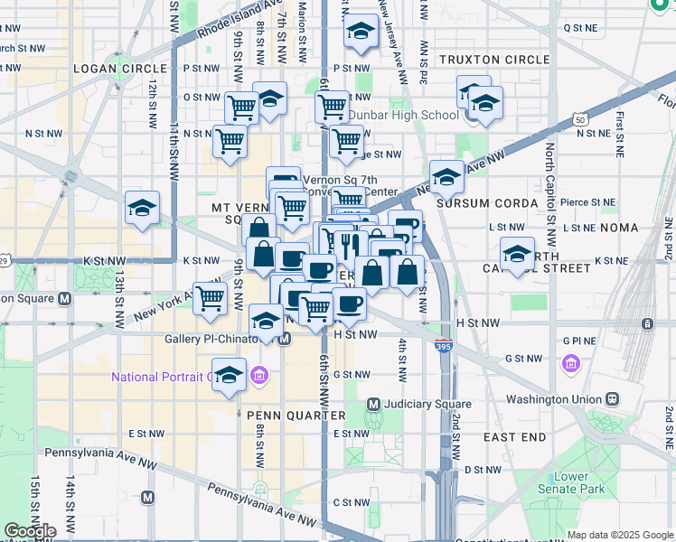 map of restaurants, bars, coffee shops, grocery stores, and more near 500 K Street Northwest in Washington