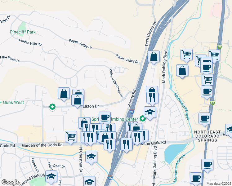 map of restaurants, bars, coffee shops, grocery stores, and more near 496 Elkton Drive in Colorado Springs