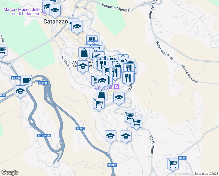 map of restaurants, bars, coffee shops, grocery stores, and more near Vicolo VI Bellavista in Catanzaro