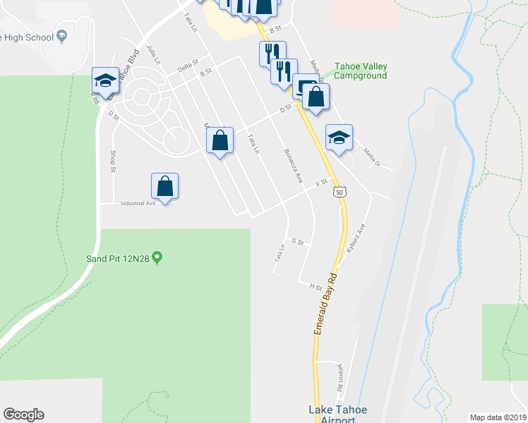 map of restaurants, bars, coffee shops, grocery stores, and more near Dedi Avenue & F Street in South Lake Tahoe