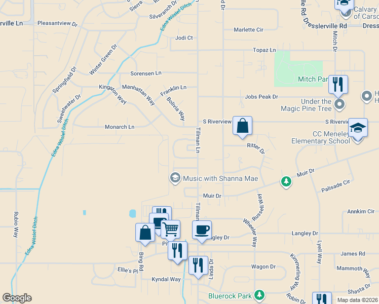 map of restaurants, bars, coffee shops, grocery stores, and more near 1284 Woodside Drive in Gardnerville