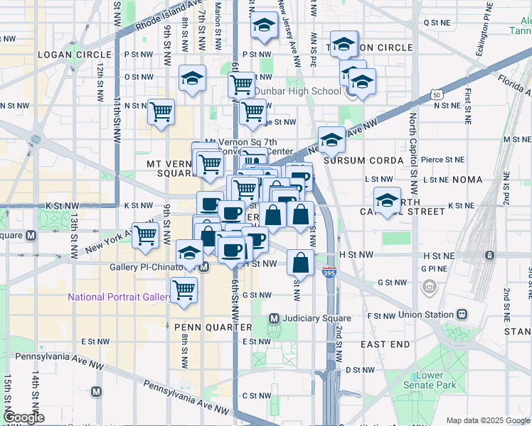 map of restaurants, bars, coffee shops, grocery stores, and more near 450 K Street Northwest in Washington