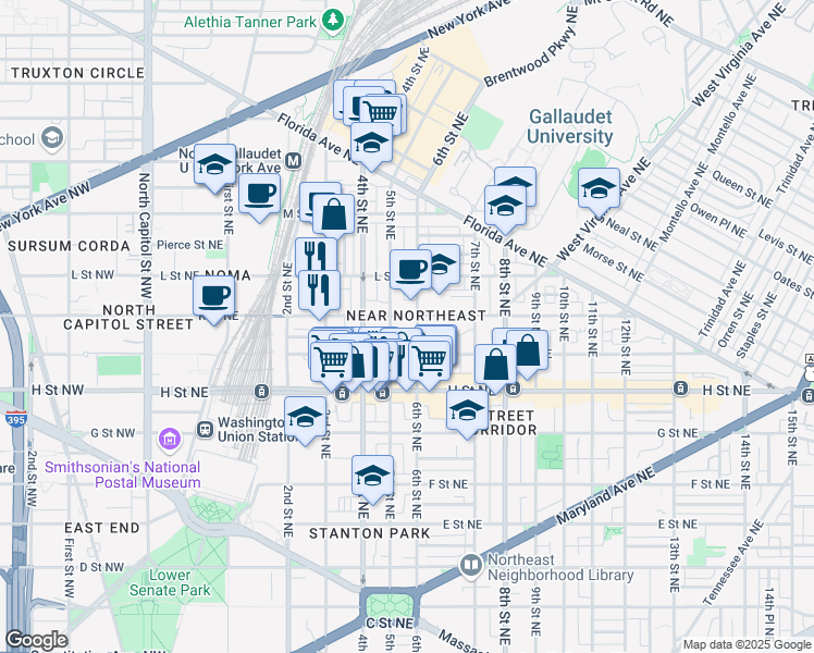 map of restaurants, bars, coffee shops, grocery stores, and more near 475 K Street Northwest in Washington