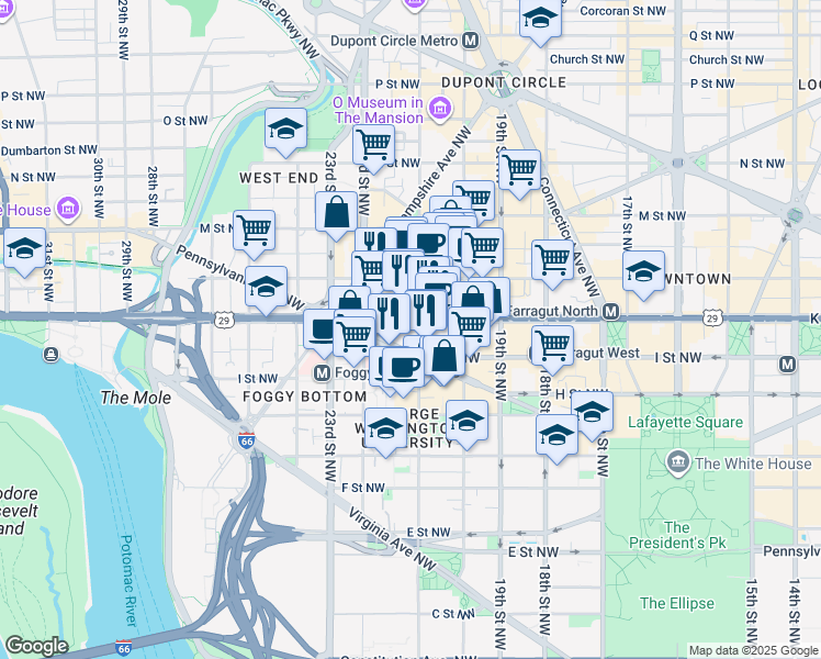 map of restaurants, bars, coffee shops, grocery stores, and more near 2100 K Street Northwest in Washington, D.C.