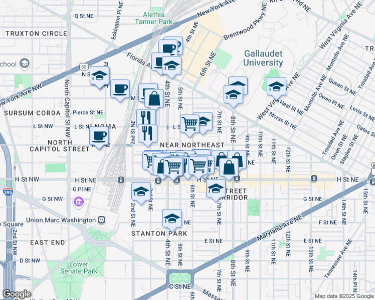 map of restaurants, bars, coffee shops, grocery stores, and more near 475 K Street Northeast in Washington