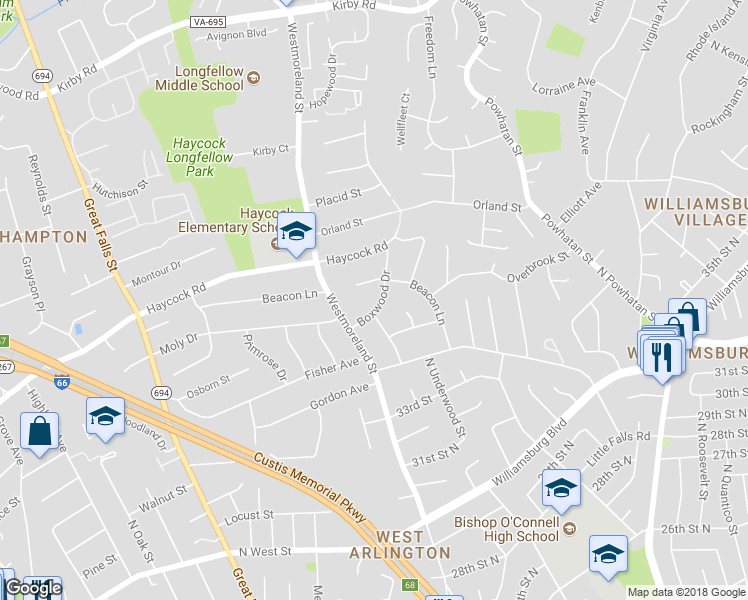 map of restaurants, bars, coffee shops, grocery stores, and more near 2208 Boxwood Drive in Falls Church