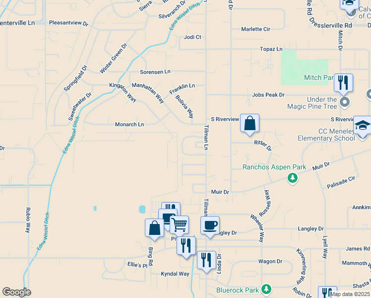 map of restaurants, bars, coffee shops, grocery stores, and more near 1284 Woodside Drive in Gardnerville