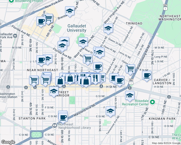 map of restaurants, bars, coffee shops, grocery stores, and more near 929 12th Street Northeast in Washington