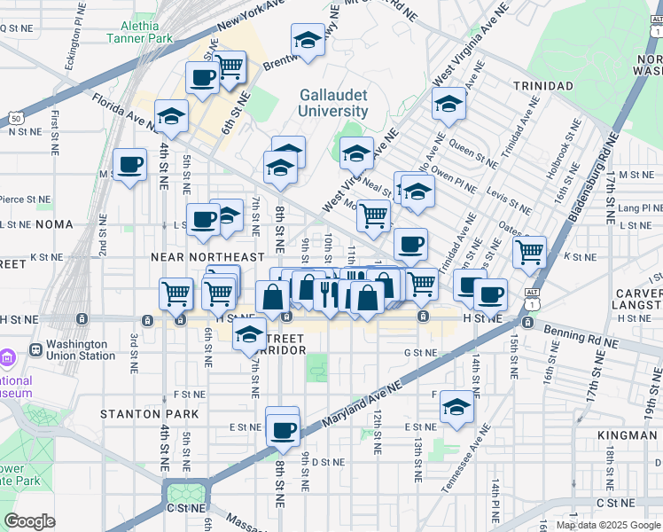 map of restaurants, bars, coffee shops, grocery stores, and more near 101 Independence Avenue Southeast in Washington