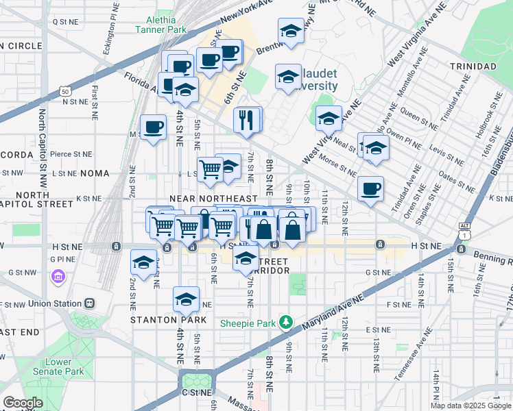 map of restaurants, bars, coffee shops, grocery stores, and more near 101 Independence Avenue Southeast in Washington