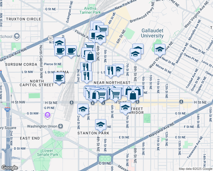 map of restaurants, bars, coffee shops, grocery stores, and more near 101 Independence Avenue Southeast in Washington