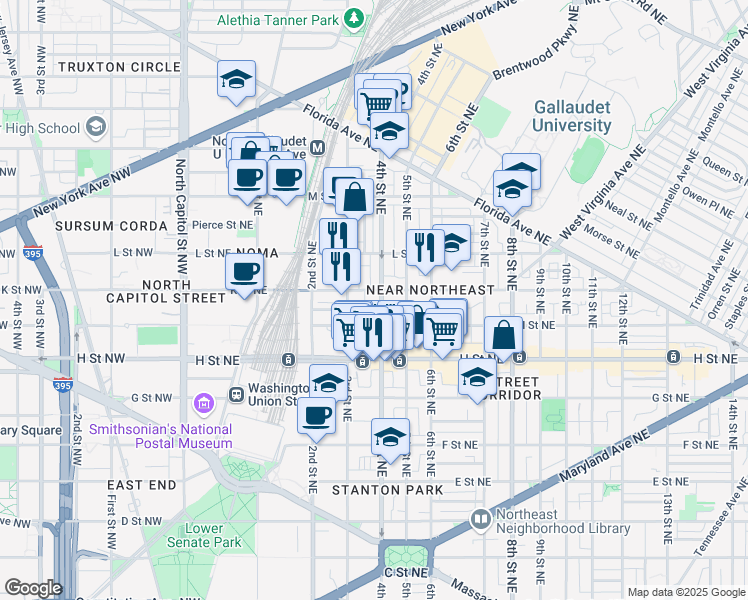 map of restaurants, bars, coffee shops, grocery stores, and more near 101 Independence Avenue Southeast in Washington