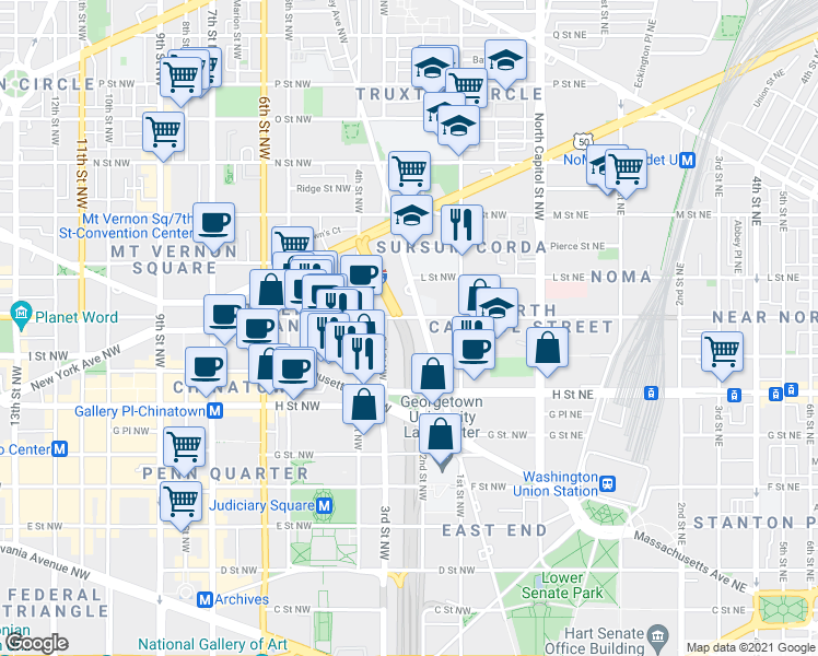 map of restaurants, bars, coffee shops, grocery stores, and more near 101 Independence Avenue Southeast in Washington