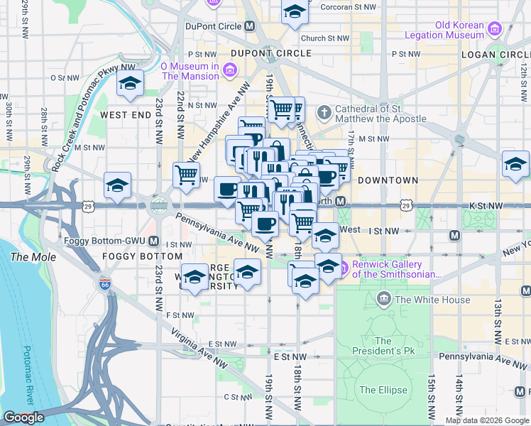 map of restaurants, bars, coffee shops, grocery stores, and more near in Washington