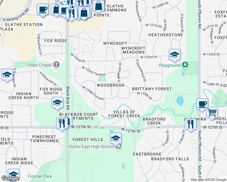 map of restaurants, bars, coffee shops, grocery stores, and more near 12438 South Mullen Circle in Olathe