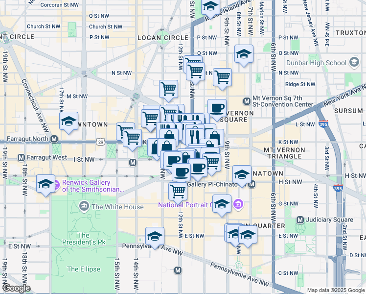 map of restaurants, bars, coffee shops, grocery stores, and more near 1150 K Street Northwest in Washington