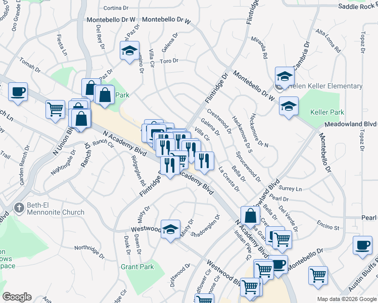 map of restaurants, bars, coffee shops, grocery stores, and more near 4875 El Camino Drive in Colorado Springs