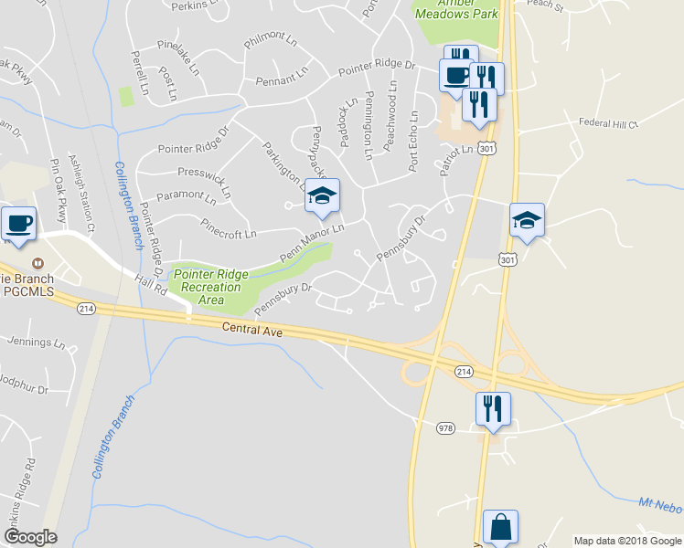 map of restaurants, bars, coffee shops, grocery stores, and more near 16131 Parklawn Place in Bowie