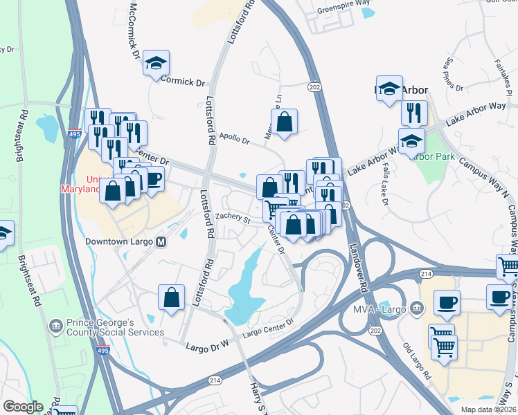 map of restaurants, bars, coffee shops, grocery stores, and more near 9701 Summit Circle in Largo