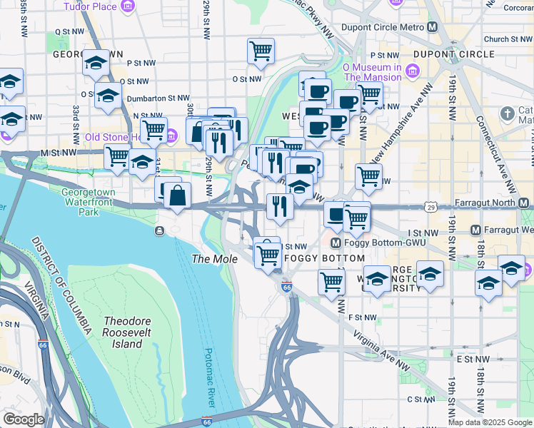 map of restaurants, bars, coffee shops, grocery stores, and more near 2500 K Street Northwest in Washington