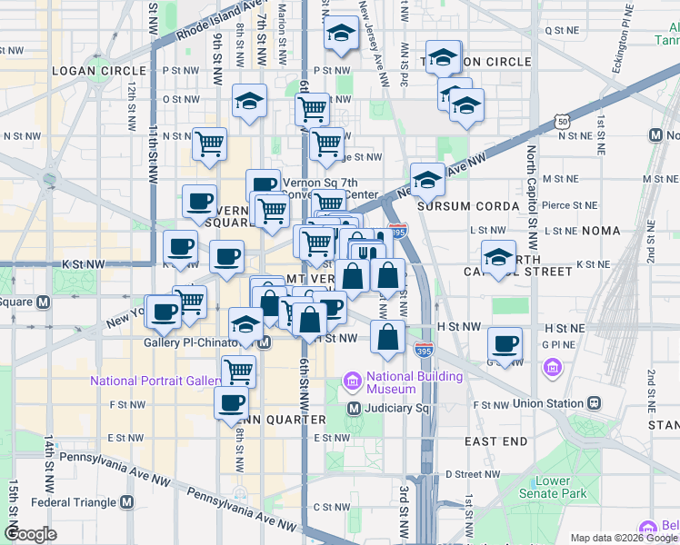 map of restaurants, bars, coffee shops, grocery stores, and more near 460 K Street Northwest in Washington