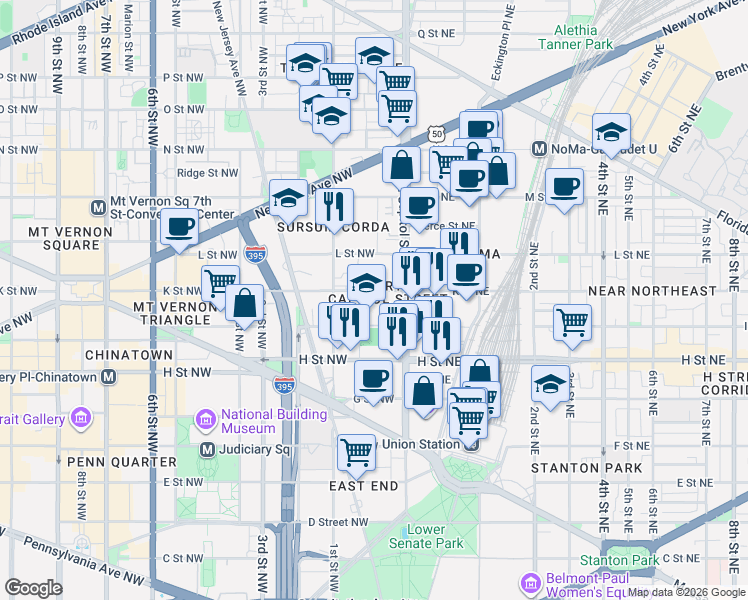 map of restaurants, bars, coffee shops, grocery stores, and more near 101 Independence Avenue Southeast in Washington