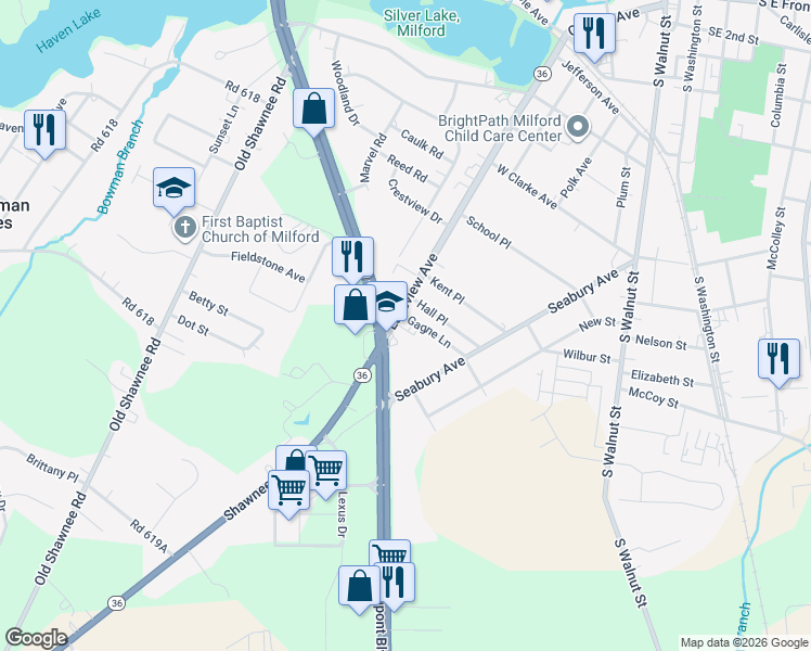 map of restaurants, bars, coffee shops, grocery stores, and more near 906 Lakeview Avenue in Milford