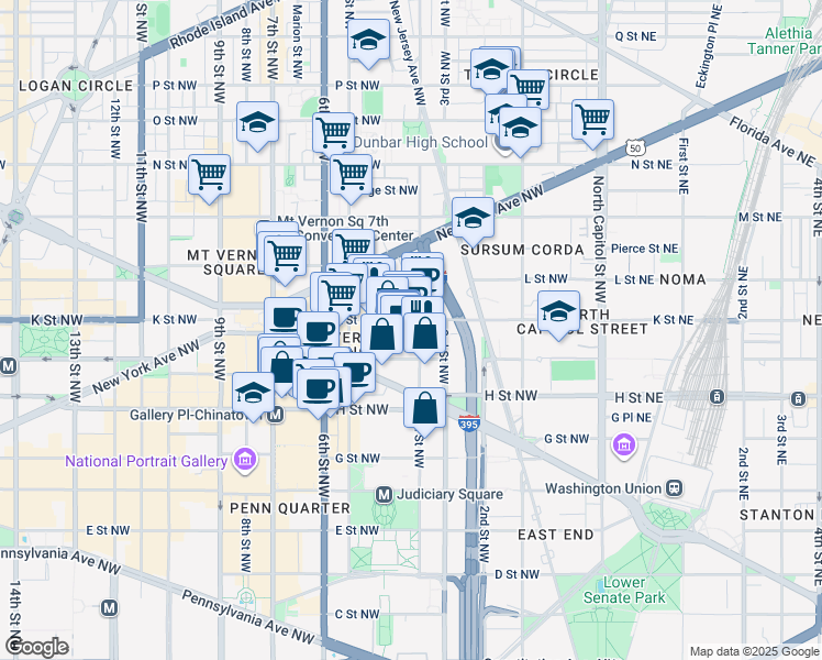 map of restaurants, bars, coffee shops, grocery stores, and more near 400 K Street Northwest in Washington