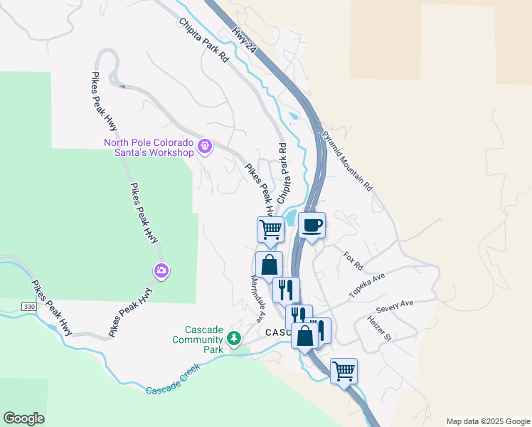 map of restaurants, bars, coffee shops, grocery stores, and more near 4860 Pikes Peak Highway in Cascade-Chipita Park