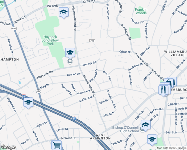 map of restaurants, bars, coffee shops, grocery stores, and more near 2208 Boxwood Drive in Falls Church