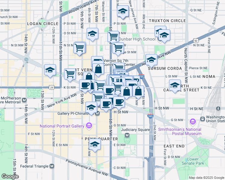 map of restaurants, bars, coffee shops, grocery stores, and more near 3050 K Street Northwest in Washington