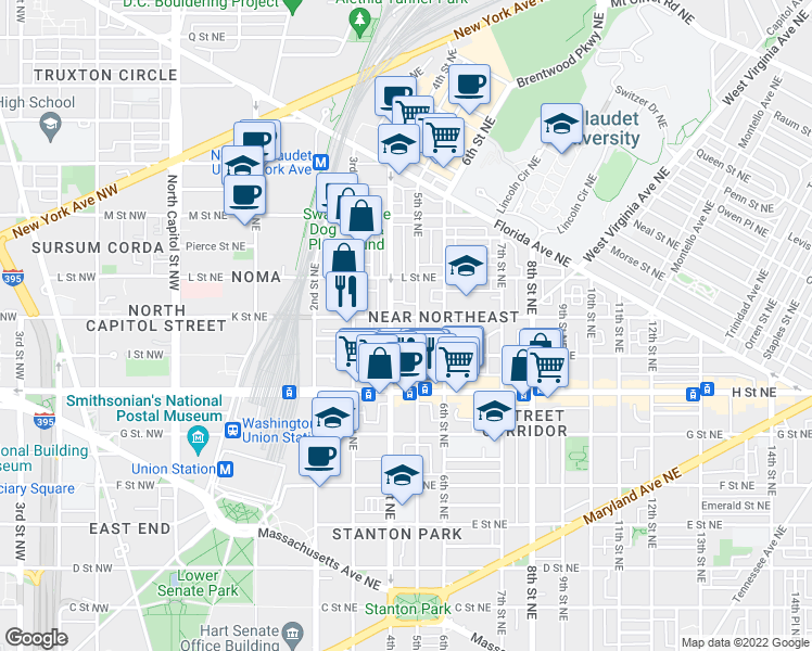 map of restaurants, bars, coffee shops, grocery stores, and more near 417 K Street Northeast in Washington