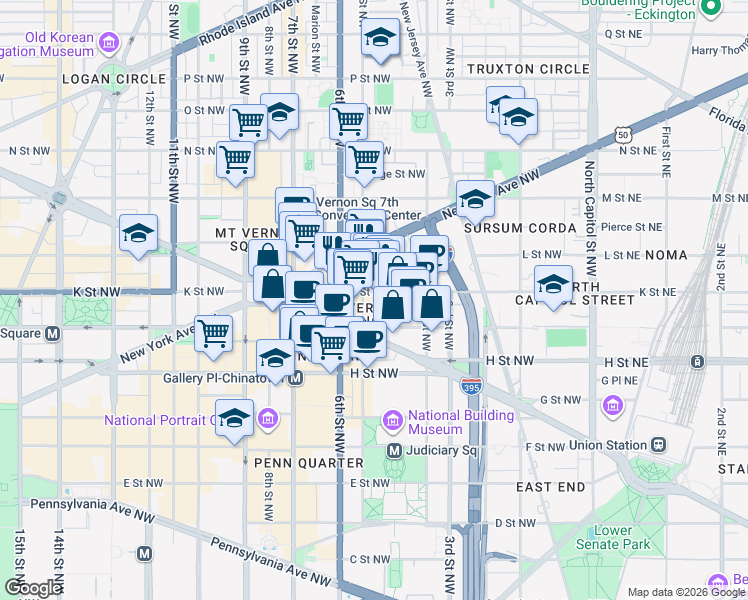 map of restaurants, bars, coffee shops, grocery stores, and more near 468 K Street Northwest in Washington