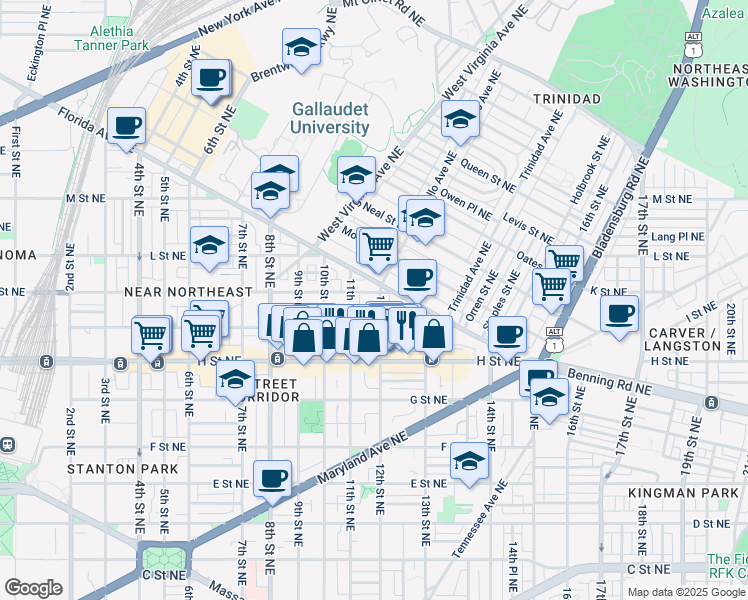 map of restaurants, bars, coffee shops, grocery stores, and more near 1123 K Street Northeast in Washington