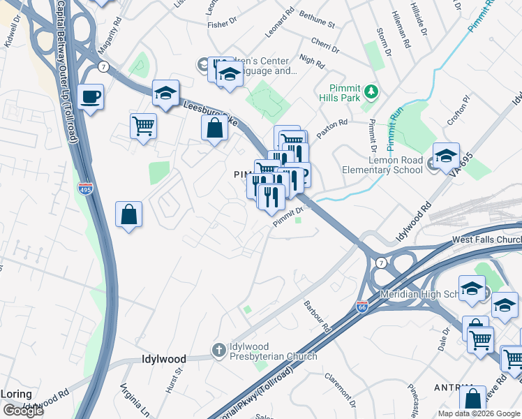 map of restaurants, bars, coffee shops, grocery stores, and more near 2190 Pimmit Drive in Falls Church