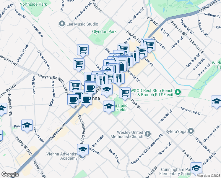 map of restaurants, bars, coffee shops, grocery stores, and more near 143 Maple Avenue East in Vienna