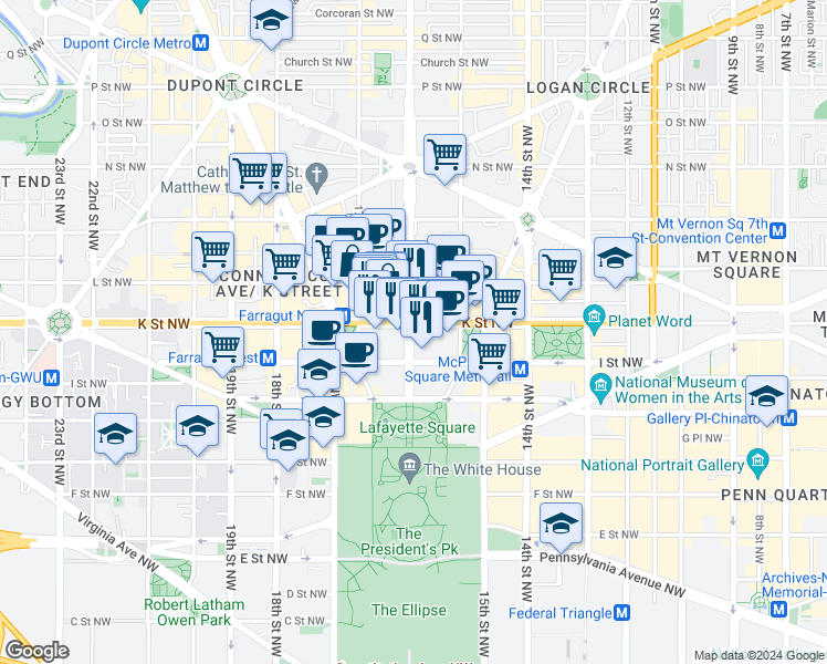 map of restaurants, bars, coffee shops, grocery stores, and more near 923 16th Street Northwest in Washington