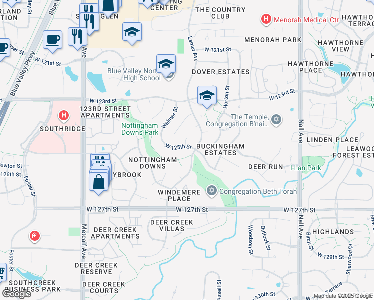 map of restaurants, bars, coffee shops, grocery stores, and more near 6305 West 125th Street in Leawood