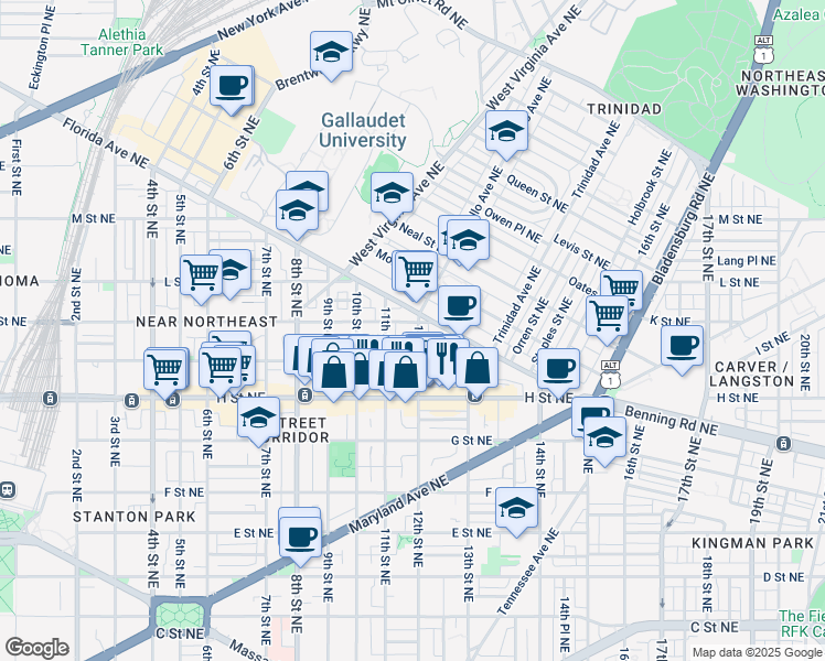 map of restaurants, bars, coffee shops, grocery stores, and more near 1125 K Street Northeast in Washington
