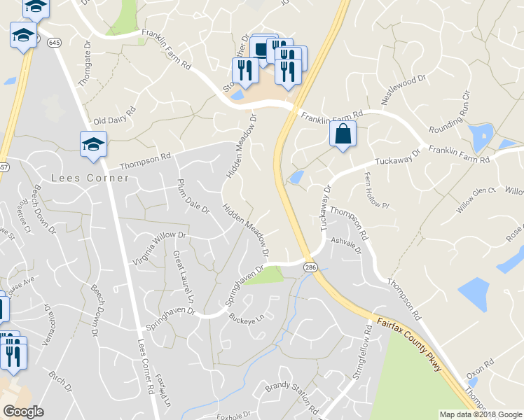 map of restaurants, bars, coffee shops, grocery stores, and more near 13372 Meadowsweet Drive in Fairfax