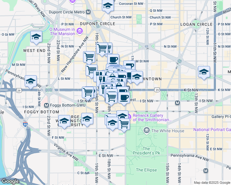 map of restaurants, bars, coffee shops, grocery stores, and more near 1750 K Street Northwest in Washington