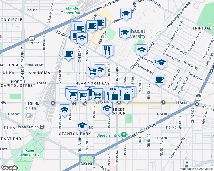 map of restaurants, bars, coffee shops, grocery stores, and more near 659 K Street Northeast in Washington