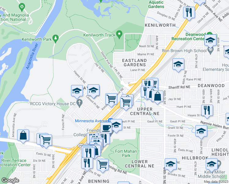 map of restaurants, bars, coffee shops, grocery stores, and more near 3819 Jay Street Northeast in Washington
