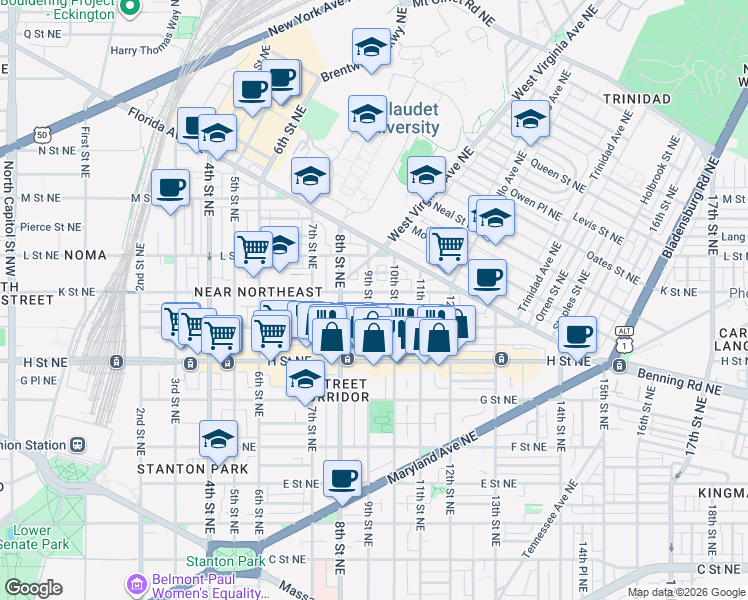 map of restaurants, bars, coffee shops, grocery stores, and more near 101 Independence Avenue Southeast in Washington