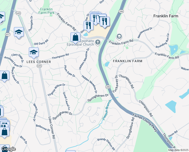 map of restaurants, bars, coffee shops, grocery stores, and more near 13372 Meadowsweet Drive in Fairfax