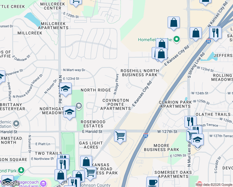 map of restaurants, bars, coffee shops, grocery stores, and more near 1336a North Ridge Parkway in Olathe