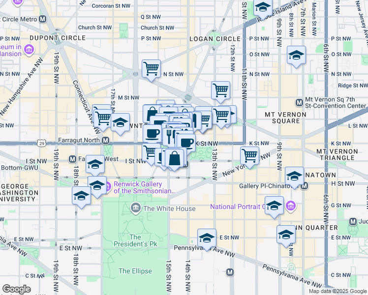 map of restaurants, bars, coffee shops, grocery stores, and more near 1400 K Street Northwest in Washington