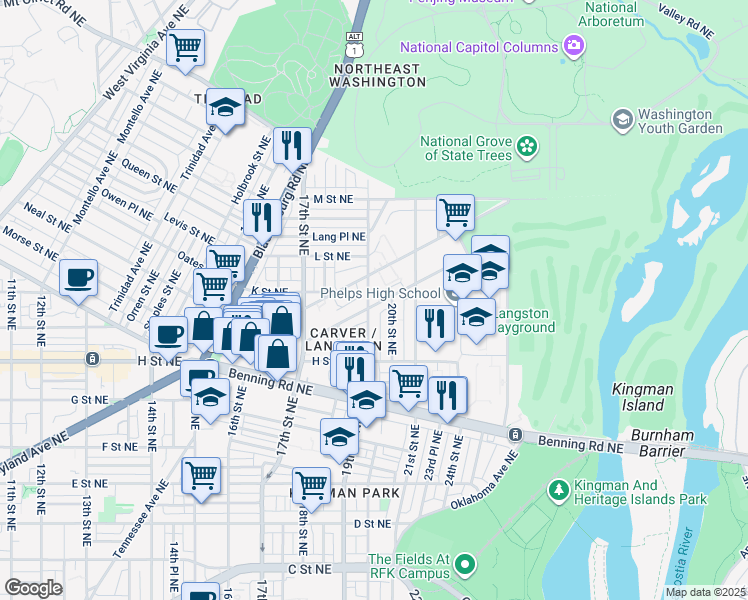 map of restaurants, bars, coffee shops, grocery stores, and more near 901 19th Street Northeast in Washington